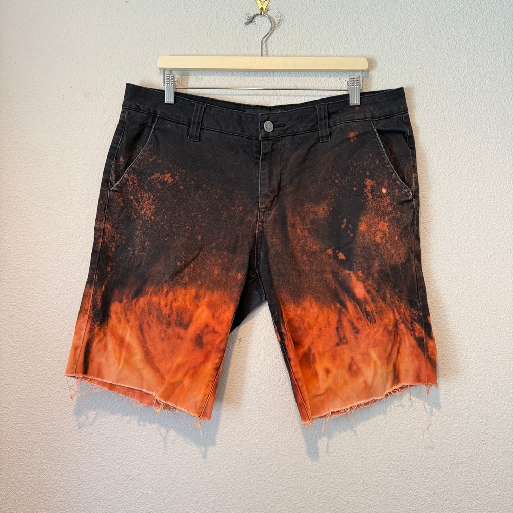 RSQ London Skinny Chino Shorts Mens 36 Black Orange Bleach Dip Dye Raw Hem Flame